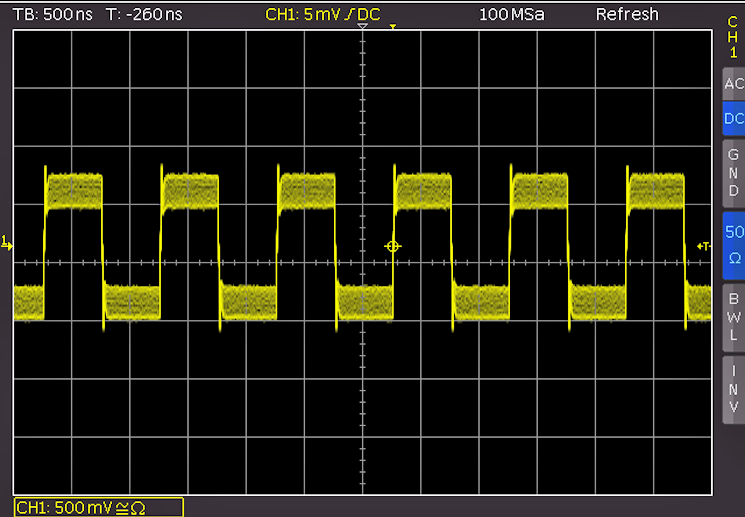 Horizontalsystem Abb. 5.2: AM moduliertes Signal mit maximaler Wiederholrate Der gesamte Speicher des Oszilloskops kann nur im STOP Modus und aktivierter maximaler Abtastrate ausgelesen werden. 5.3.6.