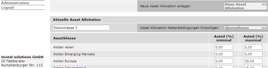 6/0 Asset-Allokationen Im Bereich Asset-Allokationen definieren Sie Anteilsgrenzen auf Assetklassen, um Anleger vor ungeeigneten Über- und Untergewichtungen im Portfolio zu schützen.