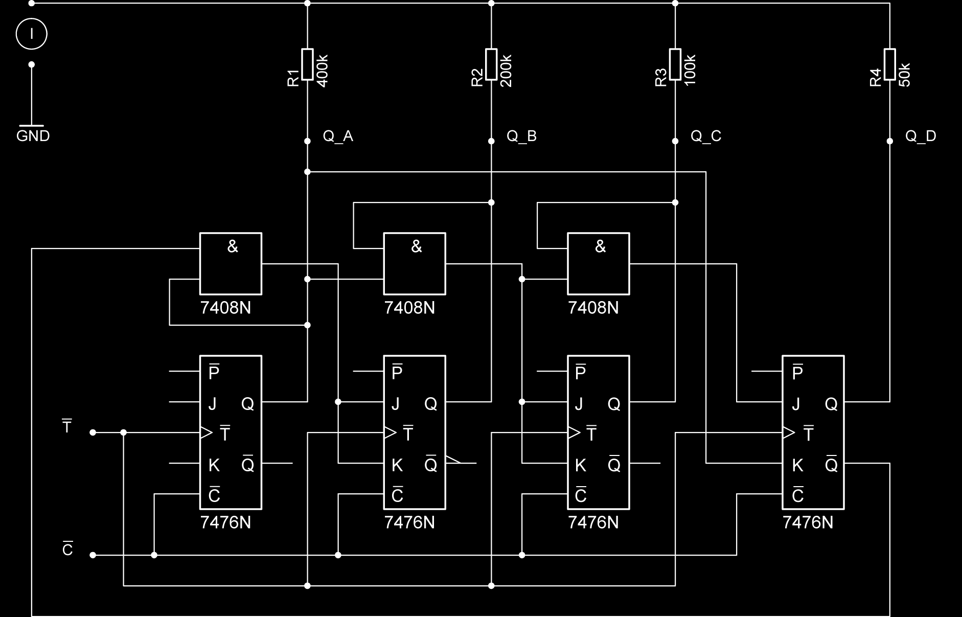 Binärzahl Dezimalzahl gewünschter Strom benötigter Widerstand 0001 1 10µA 400kΩ 0010 2 20µA 200kΩ 0100 4 40µA 100kΩ 1000 8 80µA 50kΩ Tabelle 15: Widerstände für den