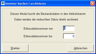 Stellen Sie vor Buchen der Inventur unbedingt sicher, dass sämtliche Erfassungsdateien der aktuellen Inventur endgültig abgeschlossen sind (siehe dazu auch Punkt 2.2.2).