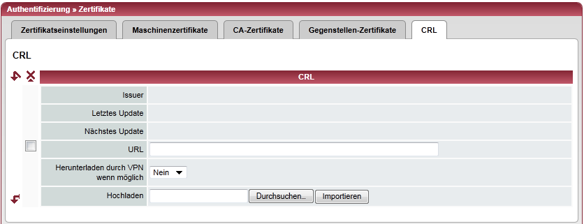 Konfiguration 6.5.4.5 CRL Authentifizierung >> Zertifikate >> CRL CRL CRL - Certificate Revocation List = Zertifikats-Sperrliste. Die CRL ist eine Liste mit den Seriennummern gesperrter Zertifikate.