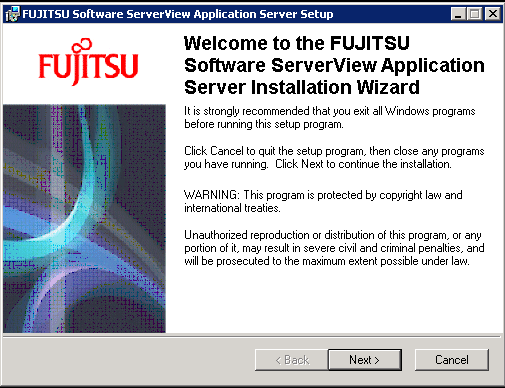 3 ServerView Operations Manager installieren 2. Bei einer Neuinstallation oder nach dem Entfernen wird der Wizard Fujitsu Software ServerView Application Server Setup geöffnet.