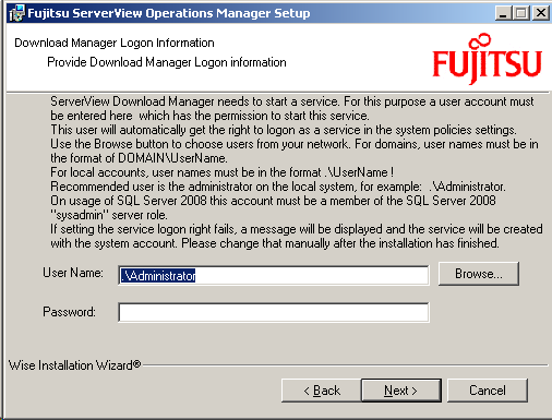 3.19 Benutzergeführte Installation der Operations Manager-Software 8. Angabe des Passworts für die Benutzerkennung für den ServerView Download Service.