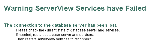4.2 Verbindung zur ServerView-Datenbank ist unterbrochen 4.2 Verbindung zur ServerView-Datenbank ist unterbrochen Bei einer Unterbrechung der Verbindung zur ServerView-Datenbank, z.b. bei LAN-Problemen, tritt folgendes ein: Der Dienst ServerView Services und, falls vorhanden, der Dienst ServerView Download Service wird gestoppt.