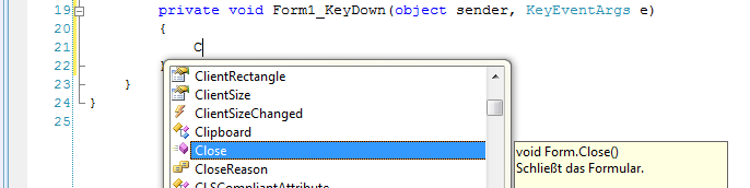 Vom Fenster zum Bildschirmschoner 8/11 Das Fenster soll sich schließen Die Methode Close() muss aufgerufen werden Nur C eingeben Visual Studio hilft mit Vorschlägen und Erklärungen Mit Enter-Taste