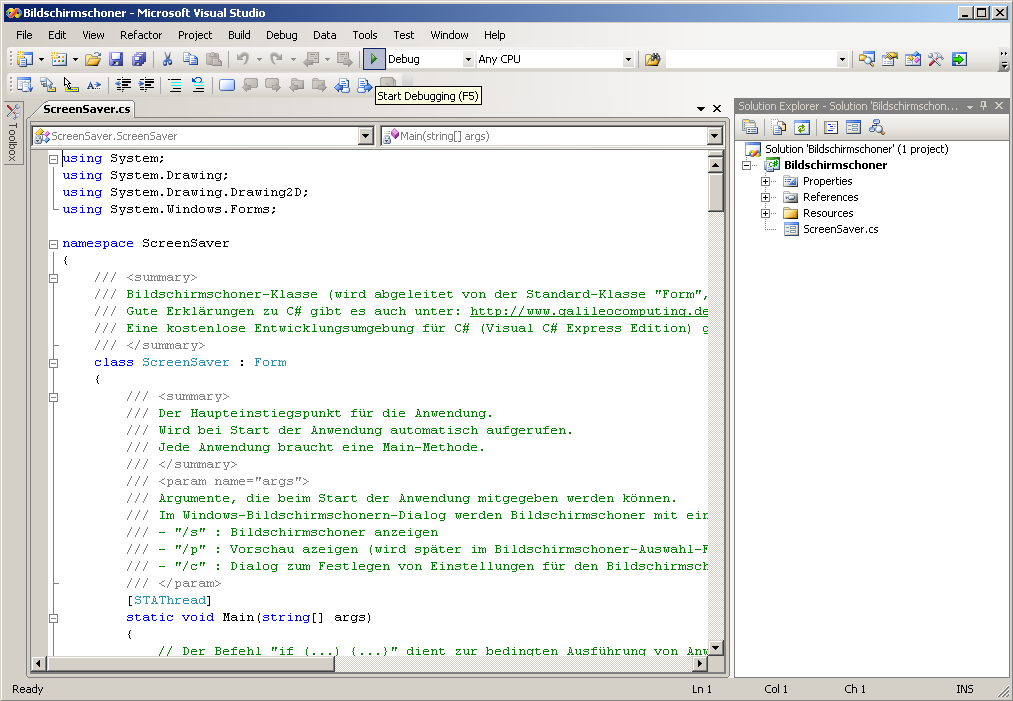 Ein Beispiel-Bildschirmschoner 2/3 1. In Visual Studio: Rechtsklick auf Screensaver.cs, Linksklick auf View Code bzw. Code anzeigen 2.