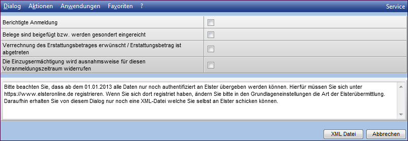 Über die Drucken -Schaltfläche können Sie sich diese Auswertung auch für Ihre Unterlagen ausdrucken. Über das Klammer-Symbol erstellen Sie die XML-Datei, die Sie im Elster-Portal importieren können.