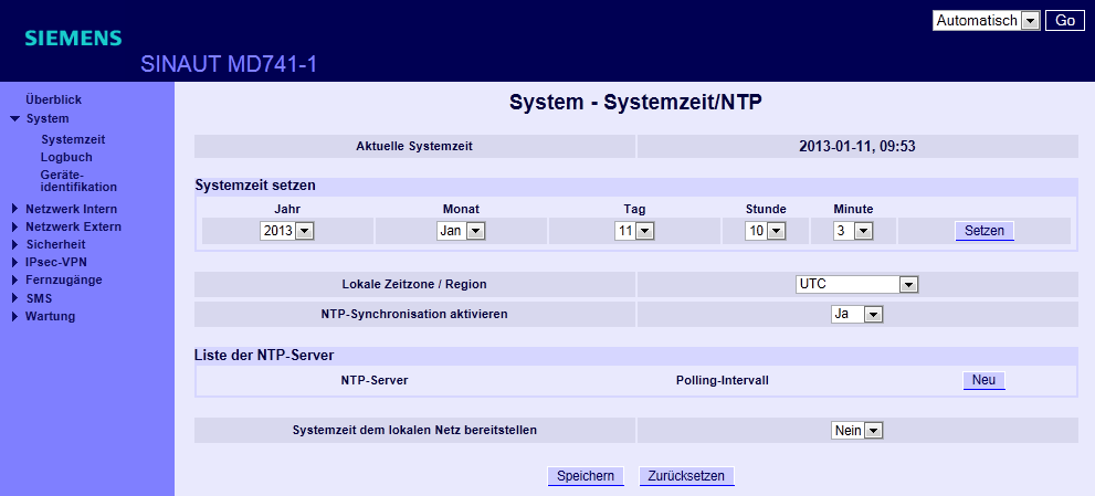 4 Lokale Schnittstelle 4.5 Systemzeit / NTP Die Systemzeit des kann manuell gesetzt werden oder mit einem Zeitserver automatisch synchronisiert werden.