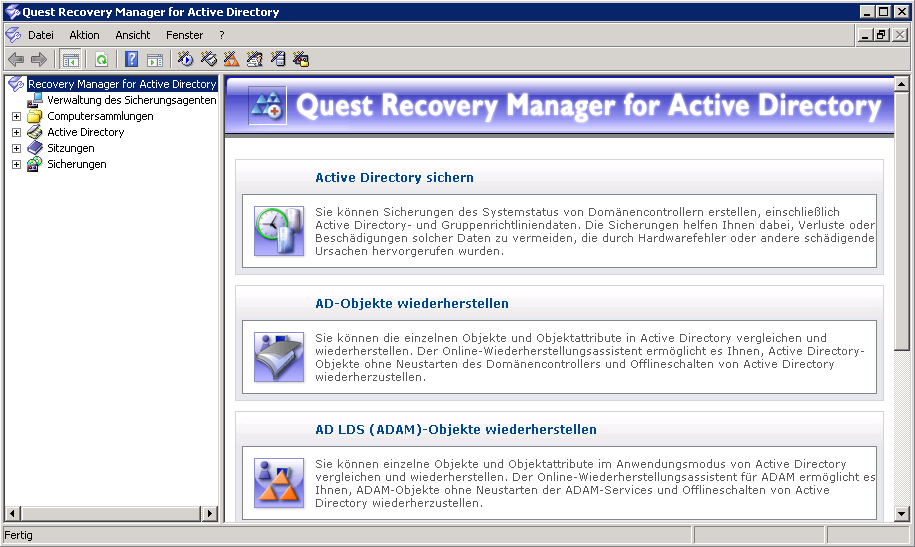 Benutzerhandbuch Recovery Manager-Konsole Recovery Manager for Active Directory umfasst ein MMC-Snap-In (auch bekannt als Recovery Manager-Konsole), um eine intuitive Bedienung und nahtlose