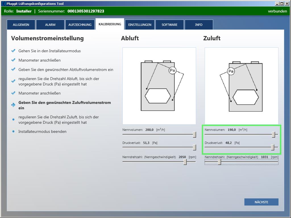 Luftmengeneinstellung mit iflow PC Tool Durch betätigen des Schiebers Nennvolumen wird die erforderliche Luftmenge eingestellt.