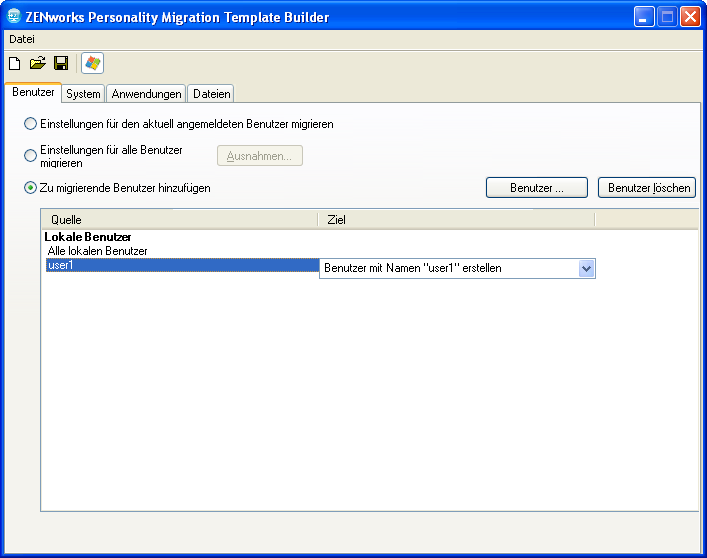 Option Zu migrierende Benutzer hinzufügen Beschreibung Mit dieser Option können Sie die zu migrierenden Befehle explizit auflisten.