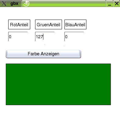 255 Abbildung 64: Bild:Grün.png Programmcode PUBLIC SUB Button1_Click() DIM shex AS String DIM r AS Integer DIM g AS Integer DIM b AS Integer IF Textbox1.text = "" THEN Textbox1.Text = 0 IF Textbox2.