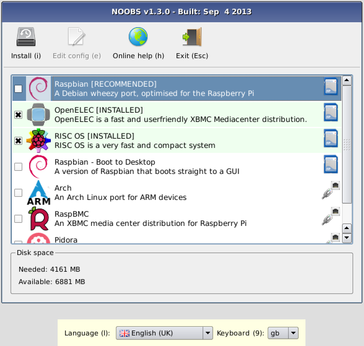 Mediacenter 19 OpenELEC instalieren NOOBS auf SD-Karte kopieren Der Raspberry Pi lädt das NOOBS Installationsmenü, wo eine Auswahl an Distributionen zur Verfügung stehen.