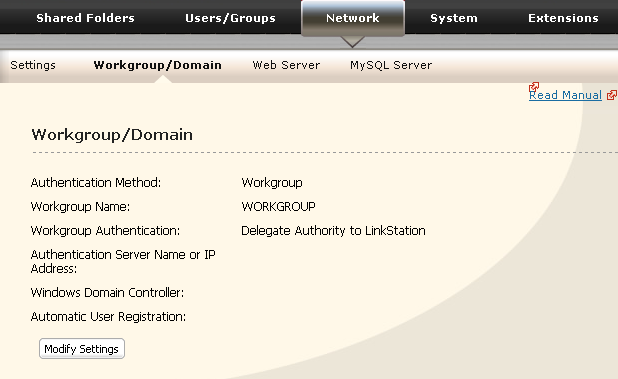 1 1 Wechseln Sie auf der Web Admin-Oberfläche zu [Network (Netzwerk)] [Workgroup/Domain (Arbeitsgruppe/Domäne)]. 2 Klicken Sie auf [Modify Settings (Einstellungen ändern)].