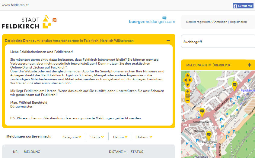 1. ERSTELLEN DES BENUTZERKONTOS Um eine Bürgermeldung für Feldkirch zu erstellen, müssen Sie sich zuerst im System registrieren. Den Registrierungslink finden Sie im rechten oberen Seitenbereich.