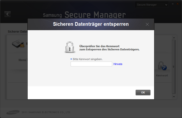 Kapitel 1 Erste Schritte mit Samsung Drive Manager [Image] Bildschirm "Sicheren Datenträger entsperren" Wenn Samsung Drive Manager nicht installiert ist, führen Sie zum Entsperren des Sicheren
