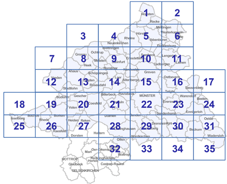 Seite 12 (Übersicht: Regionalplan für den Regierungsbezirk Münster mit einzelnen Teilabschnitten) Die Regionalplanung erfolgt in NRW durch die Regionalräte, die bei den Bezirksregierungen angesiedelt