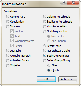 Bedingte Formatierung in Excel 2010 Seite 21 von 21 in der Gruppe Bearbeiten das Symbol Suchen und Auswählen und dann den Befehl Inhalte auswählen.