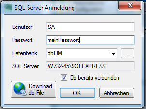 Geben Sie einen gültigen Benutzer und Passwort so ein, wie Sie diesen bei der Installation des SQL- Servers angegeben haben. Der SQL-Administrator heisst normalerweise SA.