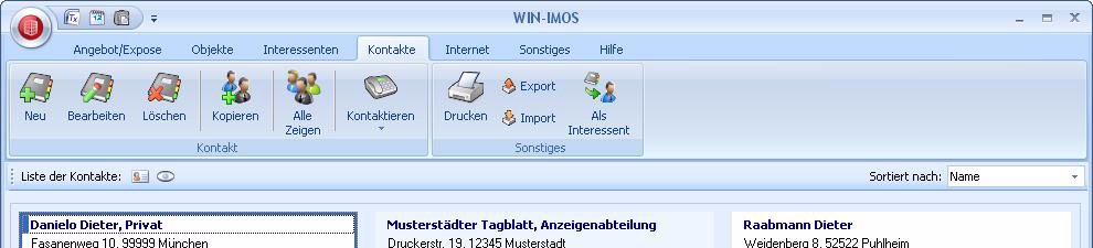 Register Kontakte Hauptmenü - Register Kontakte Das Register Kontakte: Dieses Register zeigt Ihnen alle angelegten Kontakte in Form der Kartenansicht an.