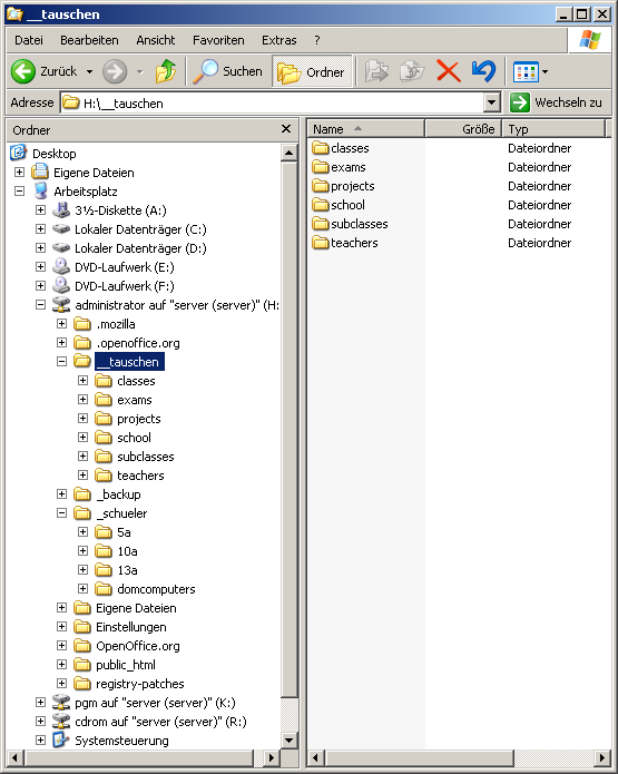 paedml Linux Kapitel 3 Der Benutzer administrator hat vollen Zugriff auf die Laufwerke K: für die Programminstallationen auf dem Server und R: für das Abspeichern von CD-ROMs.
