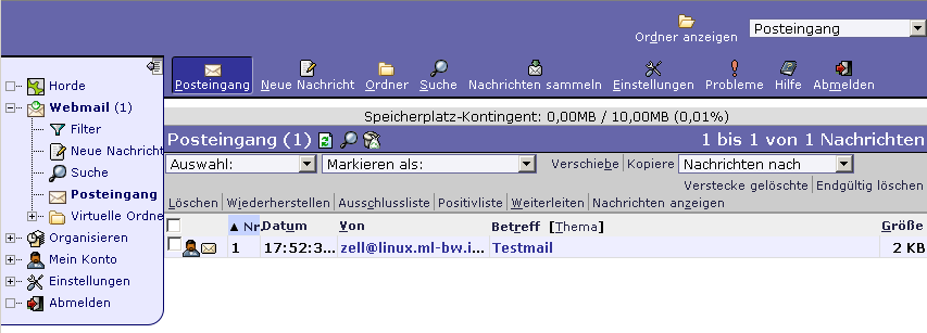 Durch Klicken auf den Aufgabenbereich Webmail gelangt man zur Webmailoberfläche Imp. Diese Oberfläche ist ähnlich der von Mail-Anbietern wie GMX oder Web.