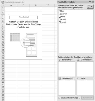 Excel 2010, Pivot-Tabellen und Datenschnitte 2 > Die Anordnung der vier Bereiche lässt sich mit dem Feldlistenansichten-Symbol oben rechts im