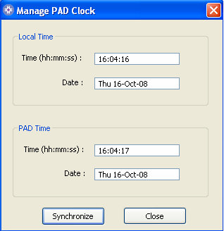 Das Saver EVO Fenster PAD-Uhrzeit prüfen/einstellen Durch Anklicken des Symbols Synchronisieren wird die