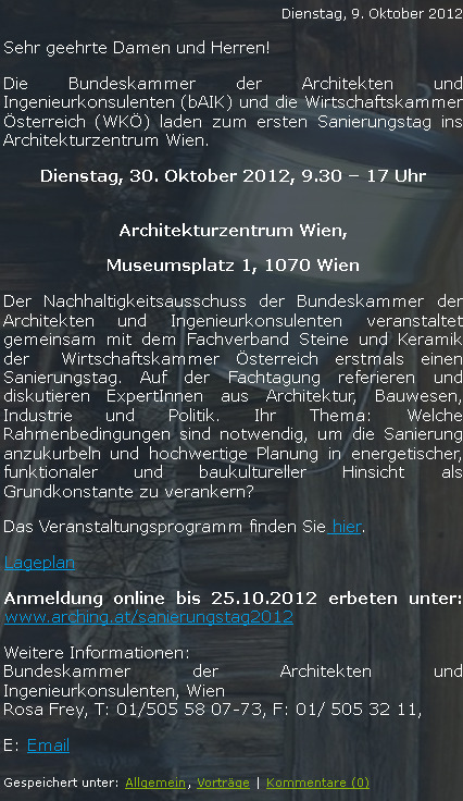 Kunde: Bundeskammer der Architekten und Datum: 9.