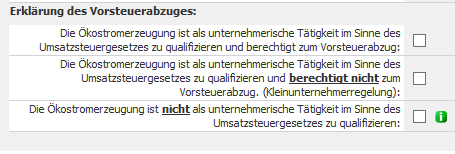 Bei der Erklärung des Vorsteuerabzugs sind folgende Auswahlfelder vorgesehen: Wenn Steuertyp 0% oder 20% ausgewählt wird, ist eine Checkbox betreffend der Erklärung des Vorsteuerabzugs auszuwählen.