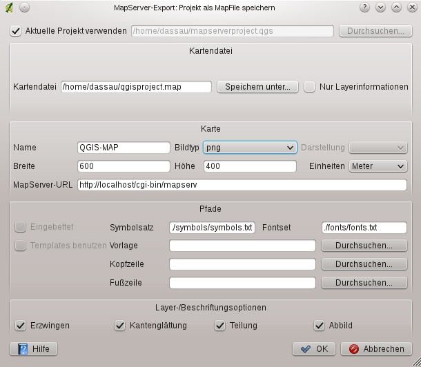 12.11. MapServer Export Plugin Abbildung 12.26.: Dialog MapServer Export verwendet. Breite Breite des Ausgabebildes in Pixeln. Höhe Höhe des Ausgabebildes in Pixeln.