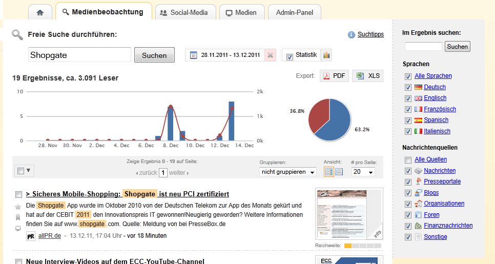 Richten Sie die Suchfilter richtig ein, indem Sie in der rechten Leiste unter Nachrichtenquellen ausschließlich die Typen Nachrichten und Blogs aktivieren.