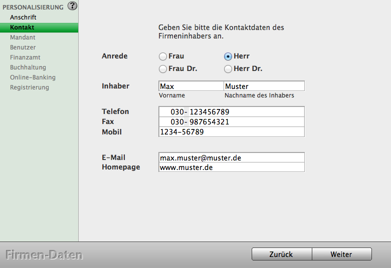 - 23-4.2 Kontakt Auf der Seite Kontakt können Sie die Kontaktdaten für sich oder Ihre Firma eingeben.