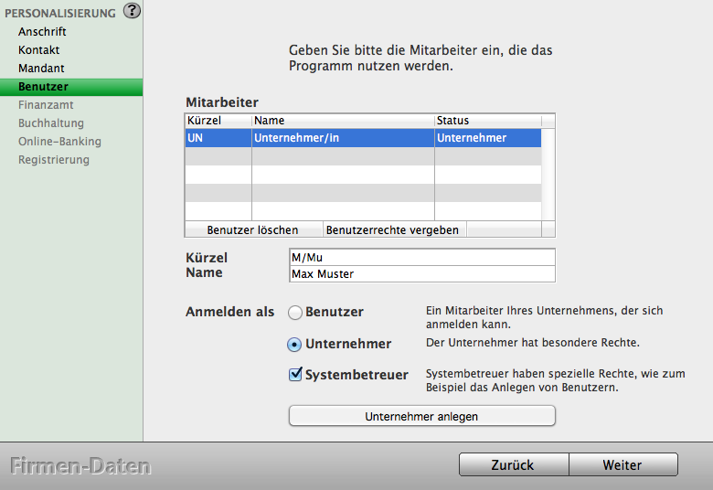 - 25-4.4 Benutzer In Ihrer neuen Datendatei befindet sich im Mitarbeiter-Verzeichnis bereits ein Eintrag für Sie als Unternehmer/in.