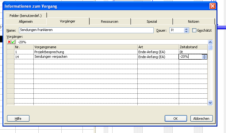 (9) Wenn 80% der Sendungen verpackt sind, fangen wir mit dem Frankieren an! Öffnen Sie das Fenster für den Vorgang 15 mit einem Doppelklick und geben Sie eine negative Abhängigkeit von - 20% ein!