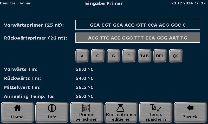 Abb. 42 TAdvanced Bildschirm zur Berechnung der Primer-Annealingtemperatur Um die Primer- oder Salzkonzentration anzupassen, drücken Sie Konzentration editieren Im nächsten Bildschirm kann die