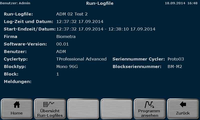 Die Run-Logfiles sind nach Datum und Zeit sortiert. Das Run Logfile für das zuletzt gestartete Programm wird an erster Stelle in der Tabelle gezeigt.