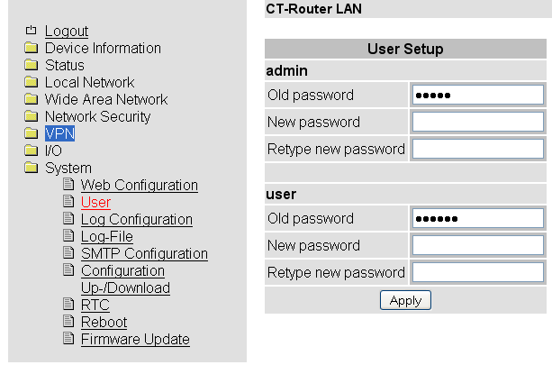 System User (Passwörter) System >> User admin user Uneingeschränkter Zugriff (Schreiben und Lesen) Neues Passwort festlegen Eingeschränkter Zugriff (nur Lesen / nicht alle Bereiche) Neues