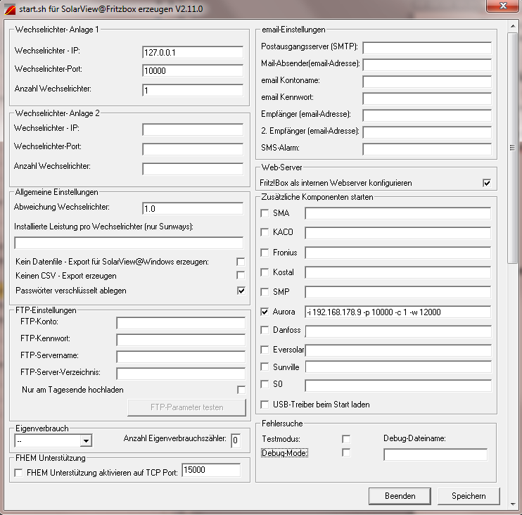 Bei Verwendung eines RS485 auf Ethernet Konverter Sie müssen folgende Parameter rechts unten bei Aurora eintragen: -i = IP-Adresse des Ethernet-Konverters (im Beispiel 192.168.178.9).