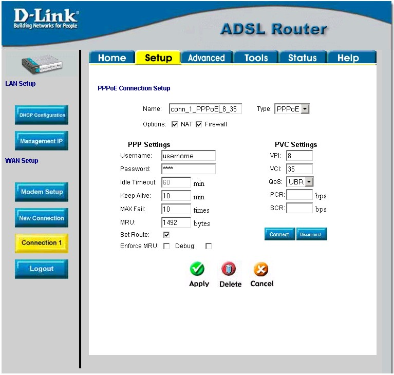 ADSL-Verbindung für PPPoE konfigurieren Um Connection 1 für PPPoE zu konfigurieren, gehen Sie wie unten beschrieben vor.
