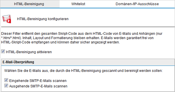 Screenshot 60: Konfigurationsseite der HTML-Bereinigung 2. Aktivieren Sie die HTML-Bereinigung, indem Sie HTML-Bereinigung aktivieren markieren. 3.