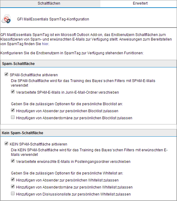 6.7.1 Auswählen von SpamTag-Funktionen Der GFI MailEssentials-Administrator kann konfigurieren, welche Funktionen SpamTag-Benutzer verwenden können.