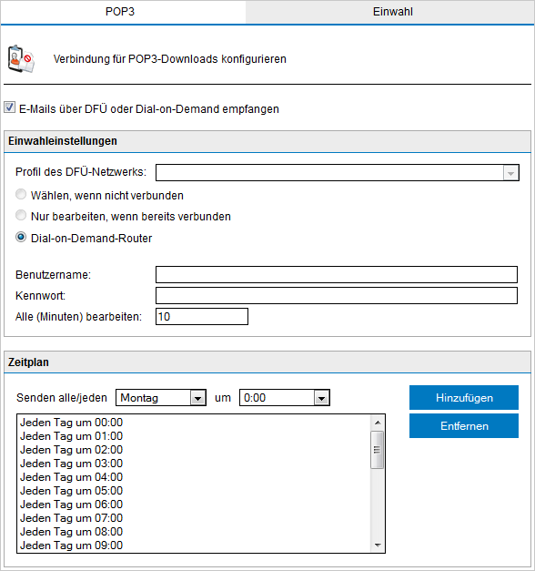 Screenshot 141: Einwahloptionen 3. Wählen Sie ein DFÜ-Netzwerk-Profil aus, und konfigurieren Sie einen Anmeldenamen und ein Kennwort.