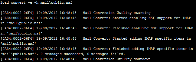 Screenshot 6: Eine neue Datenbank anlegen 2. Geben Sie in der Serverkonsole Folgendes ein, um die Datenbank zu konvertieren: load convert -e -h mail\public.