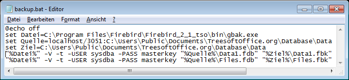 Abbildung 7.3.1: Die Datei Backup.bat bei einer Standard- Die hier benutzten Befehle beziehen Sie auf eine Standard unter Windows Vista, Windows 7 oder Windows Server 2008.