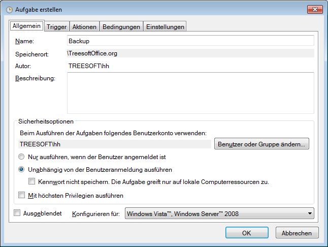 Abbildung 7.3.3: Anlegen der Aufgabe zum regelmäßigen Ausführen der Datei Backup.bat in der Windows Aufgabenplanung. 5.