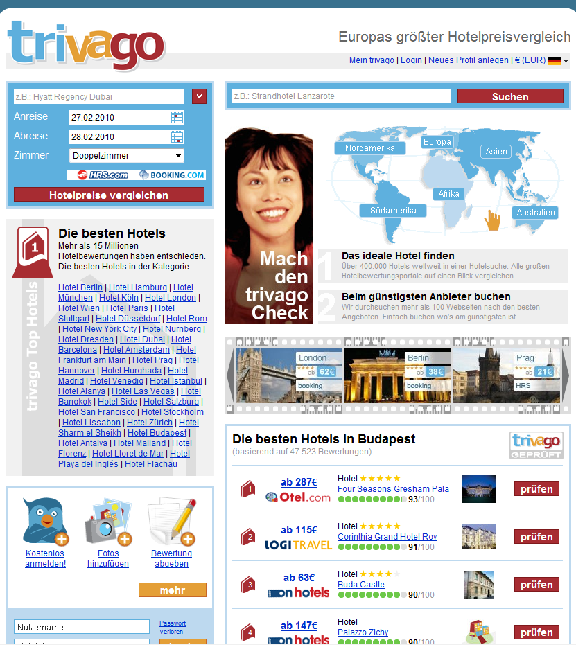 4.3. Trivago Abbildung 12: Trivago Startseite Trivago ist ein Internetunternehmen für Reisende, die hochwertige Informationen und Insidertipps für alle Arten von Reisen erhalten wollen.