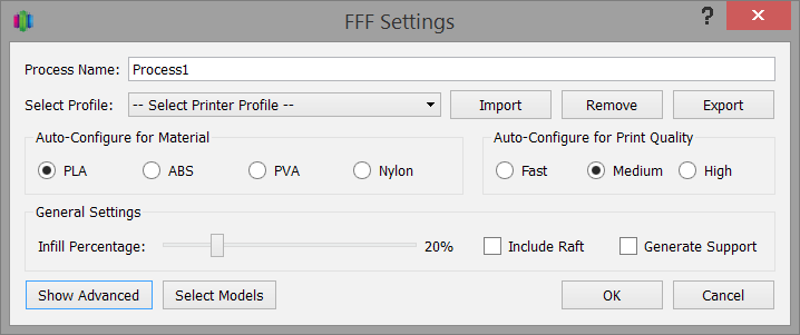 Das FFF-Settings Fenster enthält alle Prozesse, die spezifizieren, wie Ihre Modell gedruckt werden wird: 1. Select Profile Hier können Sie ein vorkonfiguriertes Druckerprofil auswählen. 2.