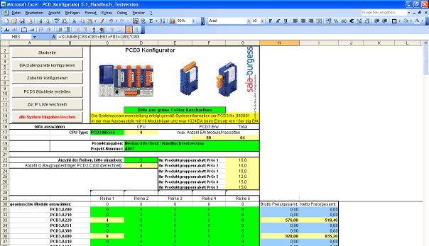Grafik 41: PCD3 System Konfigurator Der PCD3 System Konfigurator zeigt sich in der Excel Arbeitsdarstellung wie in Grafik 41: dargestellt.