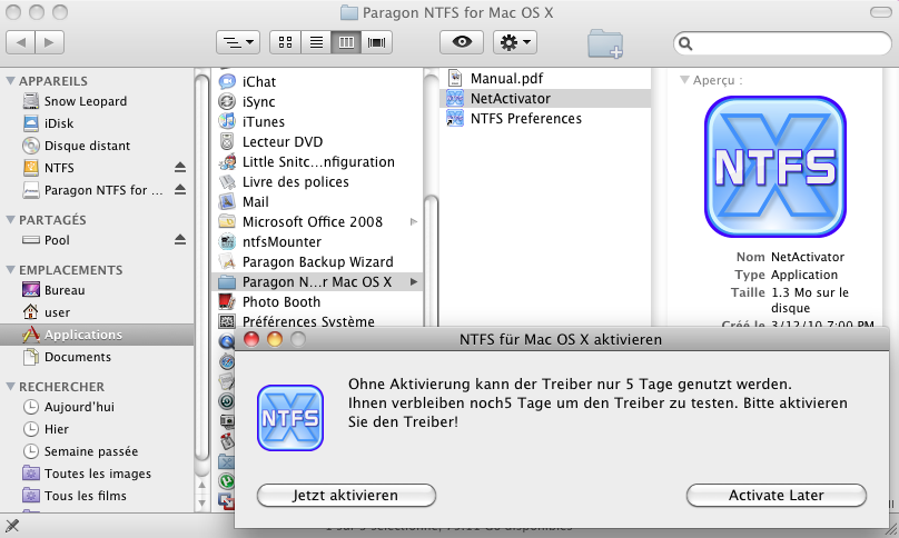 NTFS für Mac OS X 11 Anwenderhandbuch 1. Stellen Sie sicher, dass Sie mit dem Internet verbunden sind; 2. Starten Sie das Aktivierungsprogramm ( Programme > NTFS für Mac OS X > NetActivator); 3.